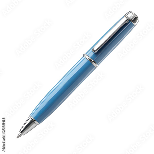 3D blue ballpoint pen with shiny silver clip isolated on transparent background.png