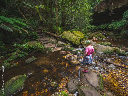 Rear view of woman standing on rock by stream in forest photo