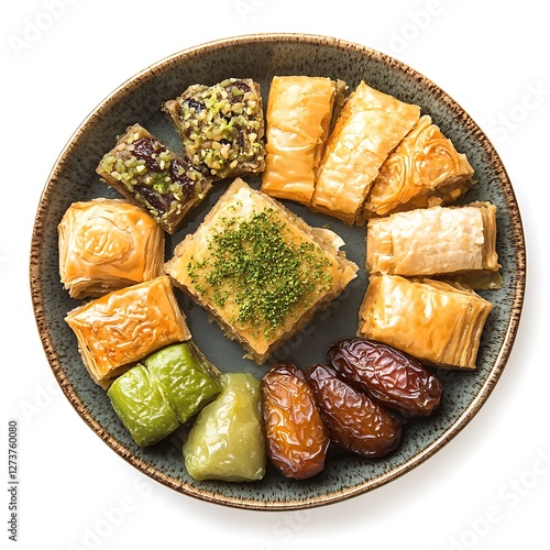 Ceramic Plate Holding a Variety of Traditional Ramadan Sweets. photo