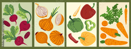 Set of abstract art posters in vegetables. Hand drawn red, green and yellow peppers, carrots, beet and onions. Vector illustration for postcard, brochure, cover.