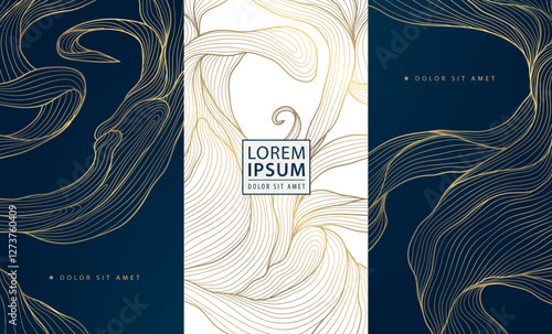 Vector abstract golden wave art deco design, line floral background. Geometric wine, cosmetic product, tea package. Elegant shape