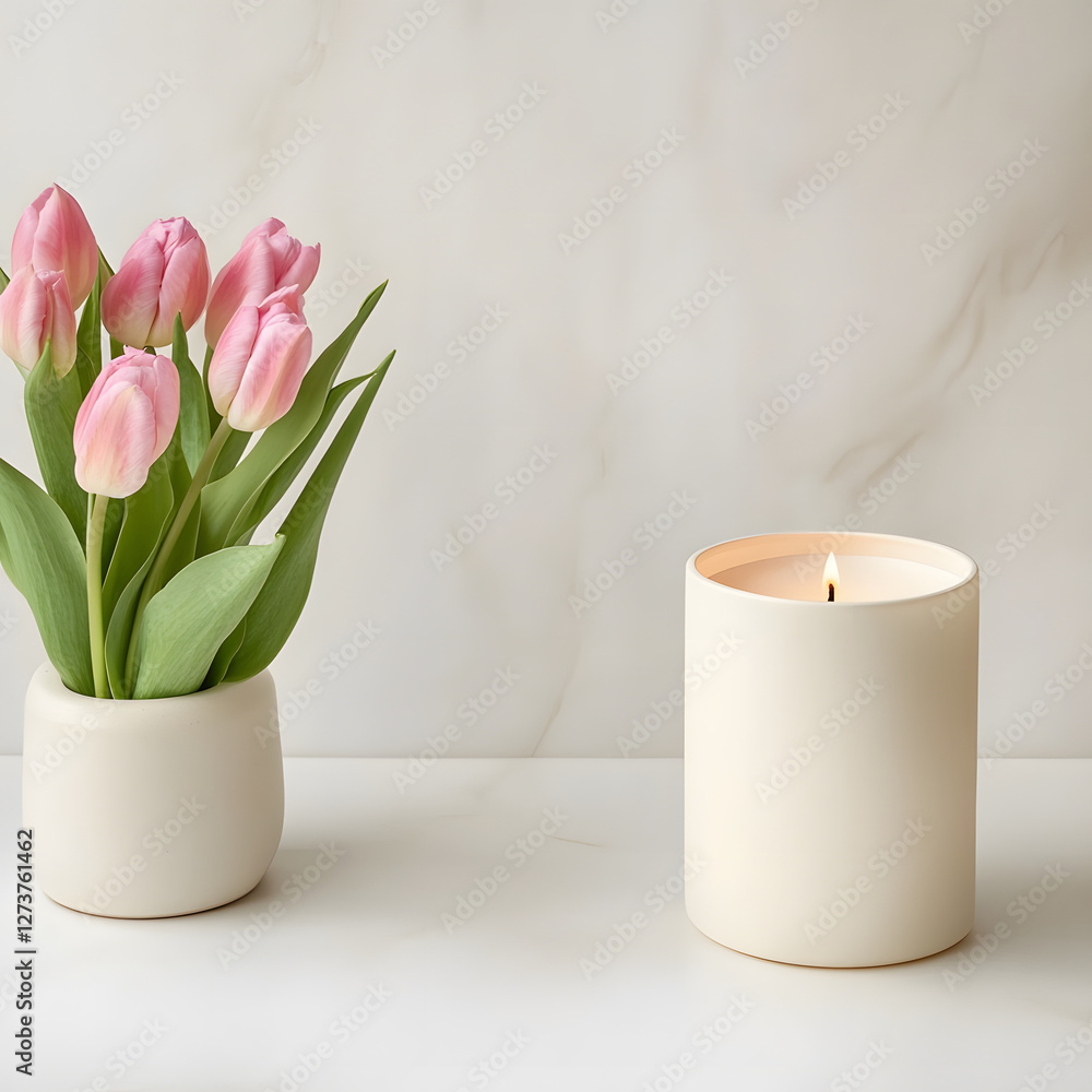 Obraz premium serene setting featuring pink tulips and lit candle, creating calming atmosphere