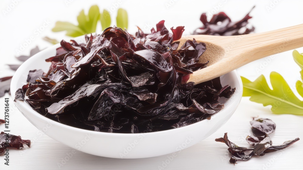 Seaweed salad displayed in a white bowl with spoon Seaweed salad displayed in a white bowl with spoon