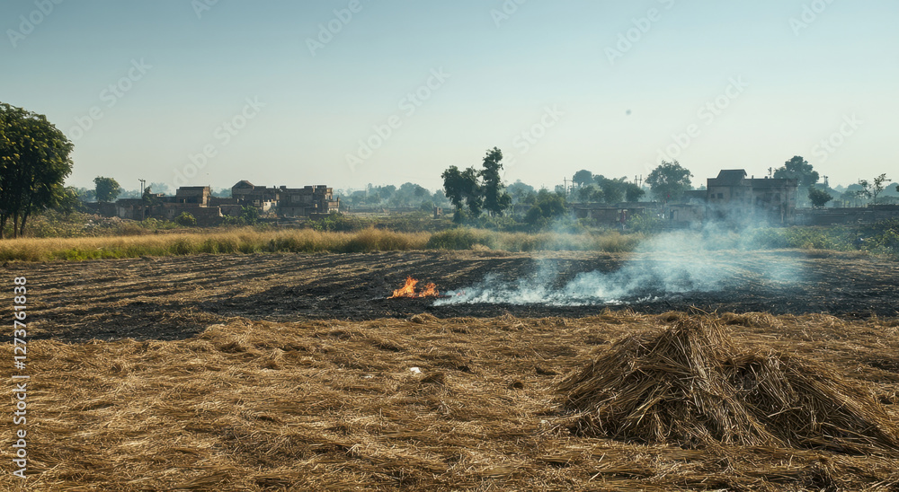 Fototapeta premium Farmers burn straw in a rural Indian field, showcasing traditional agricultural methods while raising environmental concerns about air quality