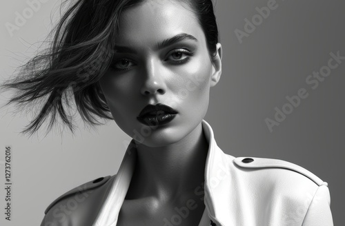 High-Fashion Bright Portrait with Bold Monochrome Styling. High-fashion campaigns, luxury branding, editorial magazine covers, artistic photography collections. Background, Banner, Poster