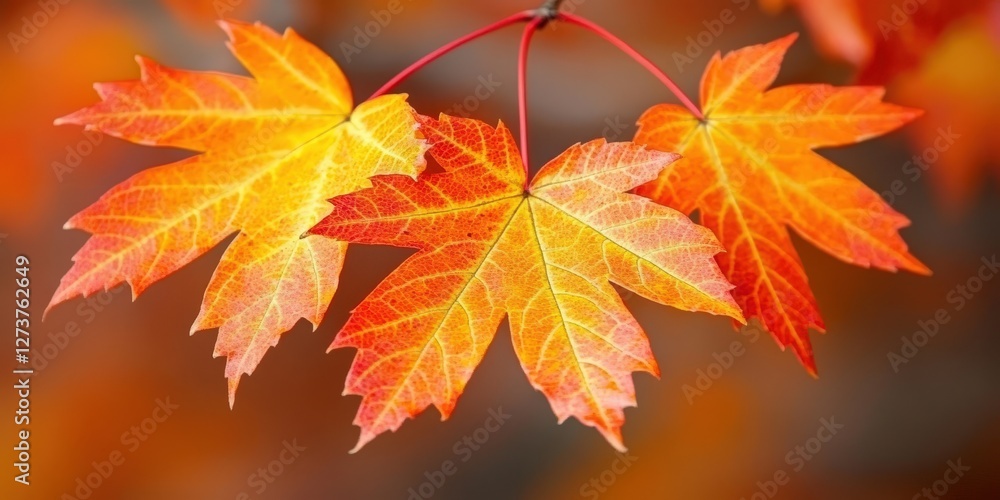 Vibrant orange and red maple leaf, centered, elegantly tilting left. Rich hues evoke autumn's warmth, surrounded by soft, natural light. Vibrant orange and red maple leaf, centered, elegantly tilting left. Rich hues evoke autumn's warmth, surrounded by soft, natural light.