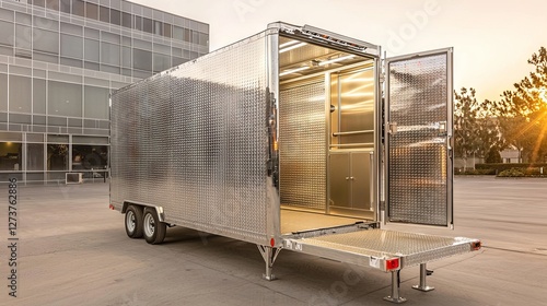 An open-top trailer, empty and attached to a vehicle, is great for carrying small equipment, tools, and materials for building, with a floor made of robust metal mesh