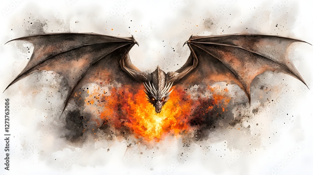 Fierce mythical dragon unleashing a chaotic watercolor splash of glowing orange deep black and bold red tones evoking a sense of primal elemental energy on a white background