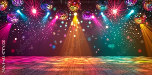 The atmosphere is electric on the colorful disco dance floor, complete with spotlights, stage lighting, and the excitement of a party, disco, or dance floor, typically associated with a nightclub photo