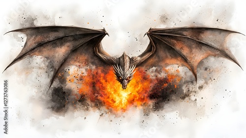 Obraz na płótnie Fierce mythical dragon unleashing a chaotic watercolor splash of glowing orange deep black and bold red tones evoking a sense of primal elemental energy on a white background w salonie