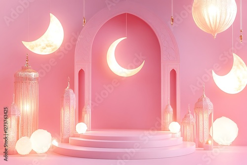 Minimalist Pastel Backdrop Featuring a Balanced Ramadan Scene. photo