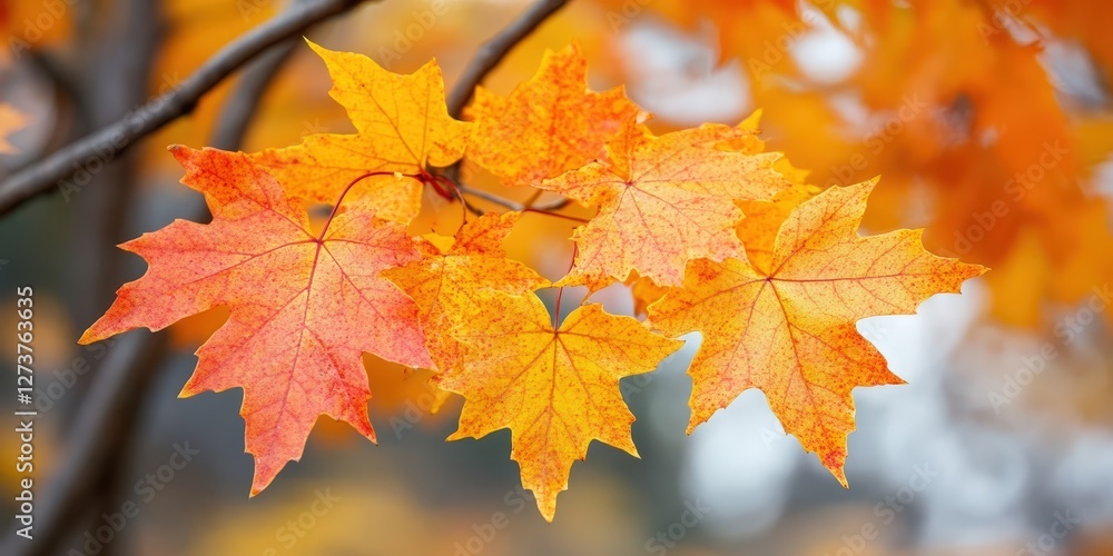 Vibrant orange and yellow maple leaf glows in focus against a softly blurred tree branch backdrop, radiating autumnal warmth as it leans right Vibrant orange and yellow maple leaf glows in focus against a softly blurred tree branch backdrop, radiating autumnal warmth as it leans right