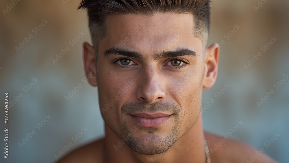 Fototapeta premium Portrait of a confident young man with striking features and a charming smile in a natural setting