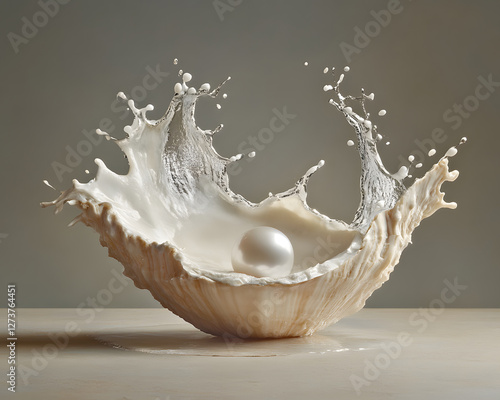 pearl surrounded by splash of liquid in shell, creating surreal scene