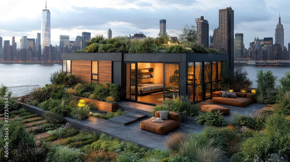 Fototapeta premium A modern rooftop garden with lush plants, cozy seating, and stunning city skyline views, offering a peaceful retreat in the bustling urban landscape.