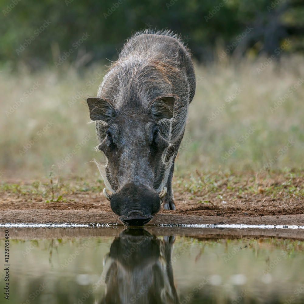Common warthog drinking front view at waterhole in greater Kruger National park, South Africa ; Specie Phacochoerus africanus family of Suidae Common warthog drinking front view at waterhole in greater Kruger National park, South Africa ; Specie Phacochoerus africanus family of Suidae