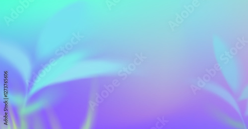 Hologram gradient spring background. Abstract gradation neon green and purple color backdrop spring or summer blur leaves. Soft gradient mesh illustration