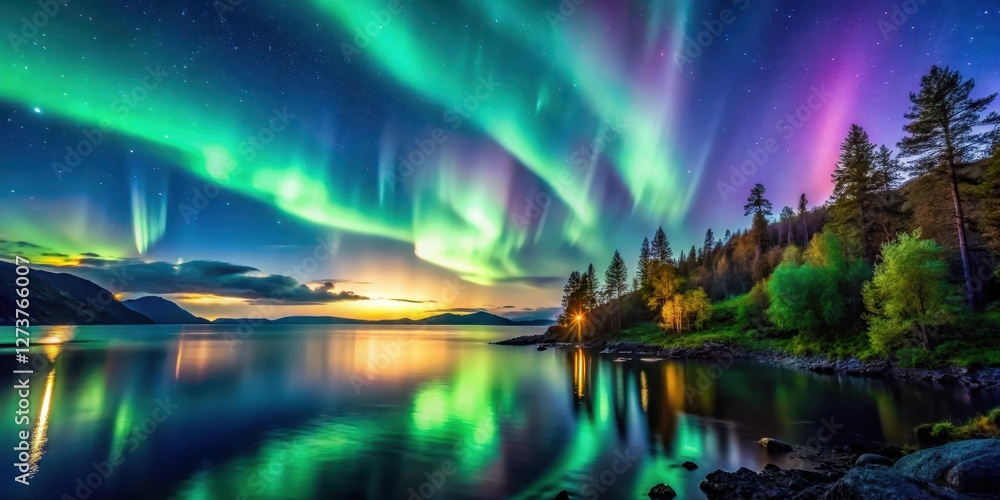 Naklejka premium A tranquil ocean scene under a stunning display of aurora borealis lights dancing across the night sky with lush green trees and hills in the foreground, peaceful atmosphere, vibrant colors