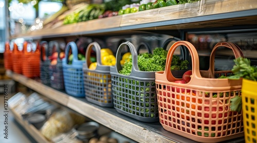 Fresh and colorful baskets filled with an assortment of fruits and vegetables are neatly arranged on wooden shelves in a grocery store, creating an inviting shopping atmosphere.