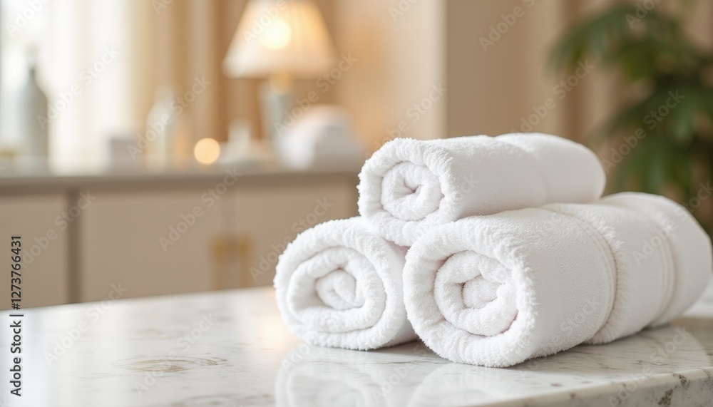 Rolled white towels stacked on marble countertop in bathroom. Spa services, hotel amenities, or home decor products, emphasizing cleanliness, comfort, and relaxation. Rolled white towels stacked on marble countertop in bathroom. Spa services, hotel amenities, or home decor products, emphasizing cleanliness, comfort, and relaxation.