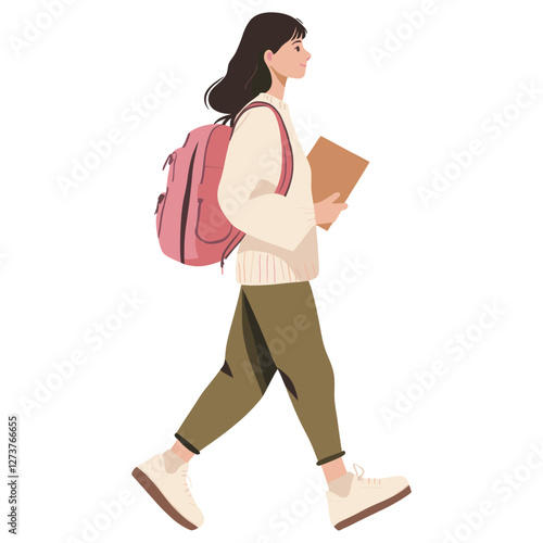 Young student woman walking illustration backpack holding vector