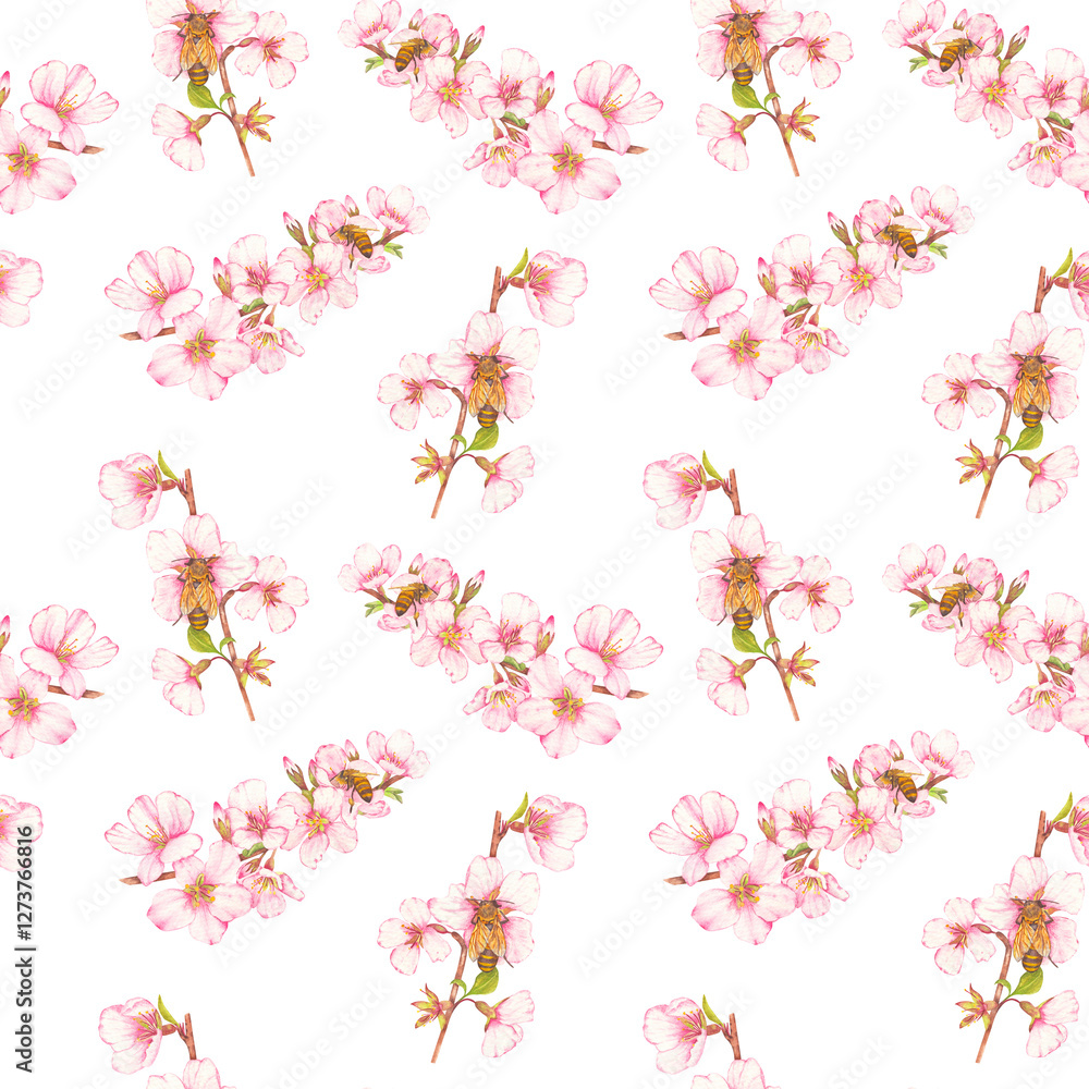 Naklejka premium Seamless pattern of hand-drawn watercolor illustration of fruit tree blossom with bees on flowers. Theme of farming, spring, bees, apiary, honey. Ideal for seasonal holidays, wedding, children's theme