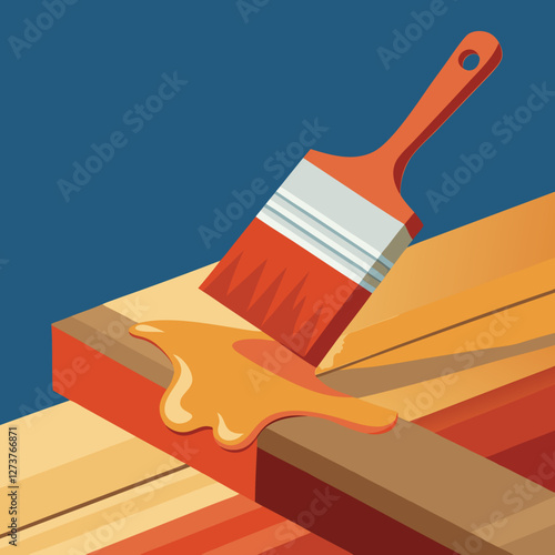  Un pincel rojo con barniz líquido cubre una viga de madera, destacando la textura del material. Representa reparación y conservación.

