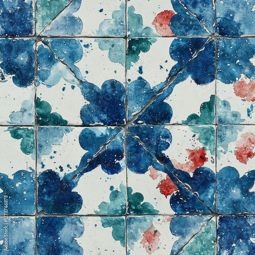 A close-up view of a fragment of a building wall featuring glazed ceramic tiles with an embossed vintage Mudejar design, showcasing traditional ornate Spanish architecture and an abstract background