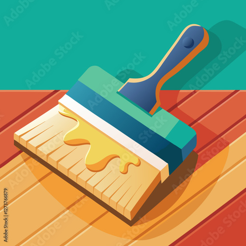  Un pincel grueso con pintura amarilla se desliza sobre una superficie de madera, cubriéndola de manera uniforme. Representa restauración y mantenimiento.
