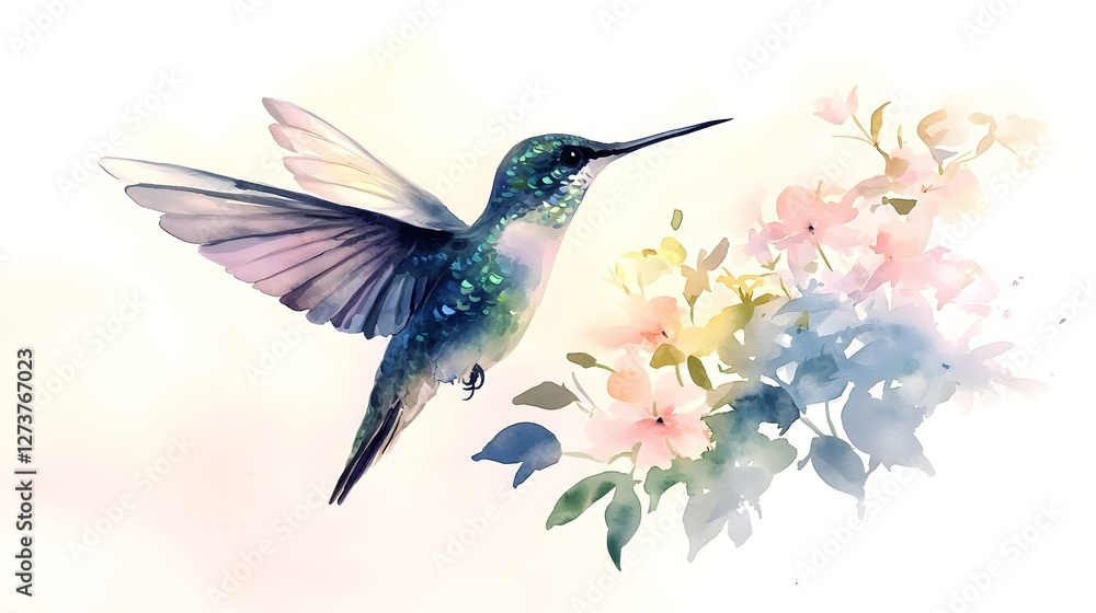 Obraz premium Graceful hummingbird in fluid watercolor style with iridescent greens blues and purples blending seamlessly against a soft dreamy background filled with a vibrant floral bouquet