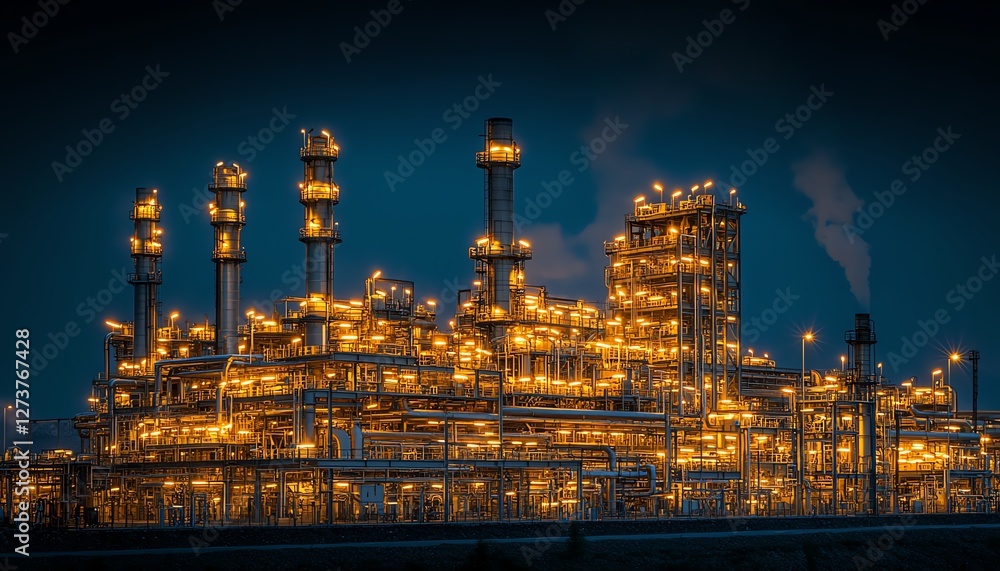 Fototapeta premium Night view of an illuminated oil refinery