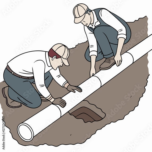  Dos trabajadores arrodillados colocan tuberías en una zanja abierta, asegurando una conexión segura. Representa desarrollo y urbanismo.
