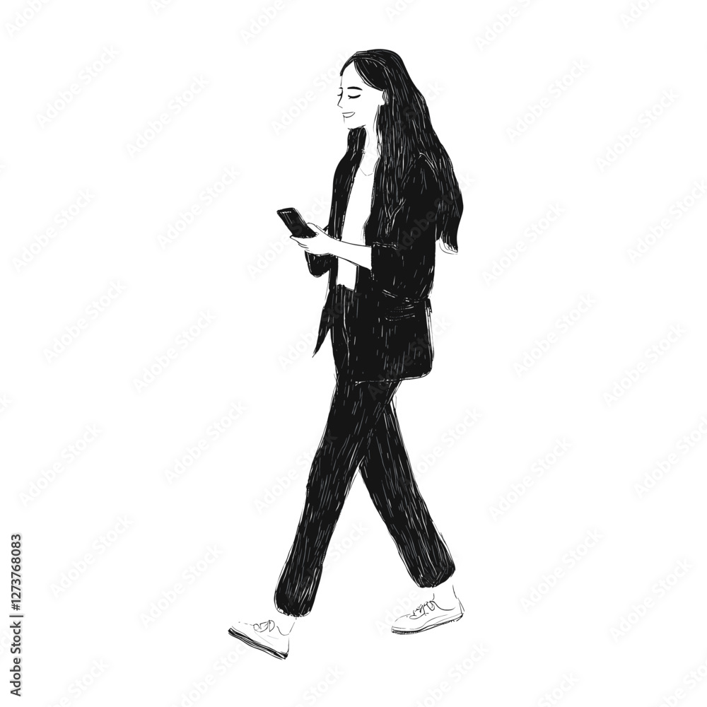 A cheerful woman walking phone illustration black vector A cheerful woman walking phone illustration black vector
