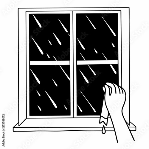 Una mano seca el marco de una ventana mojada por la lluvia en un estilo monocromático. Representa el mantenimiento del hogar.
