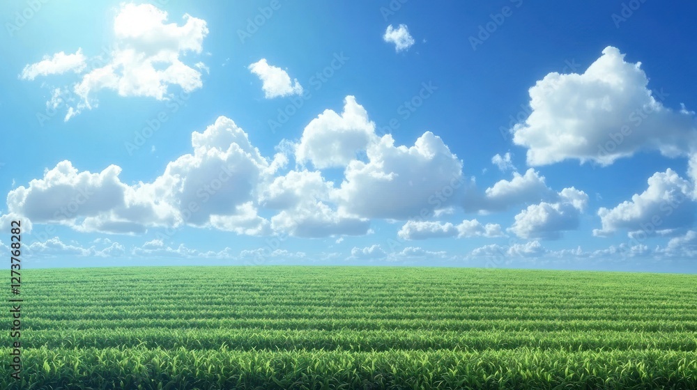 Lush green field under a bright blue sky with fluffy clouds Lush green field under a bright blue sky with fluffy clouds