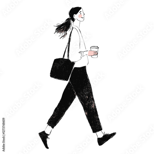 A cheerful woman walking illustration female coffee vector