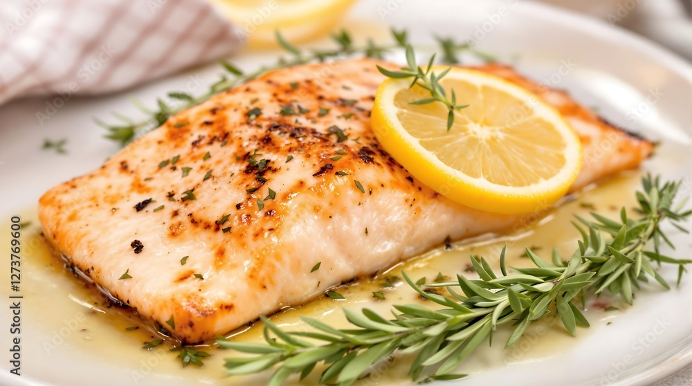 Grilled Salmon Fillet with Lemon Slice and Fresh Herbs on a White Plate, generator AI Grilled Salmon Fillet with Lemon Slice and Fresh Herbs on a White Plate, generator AI