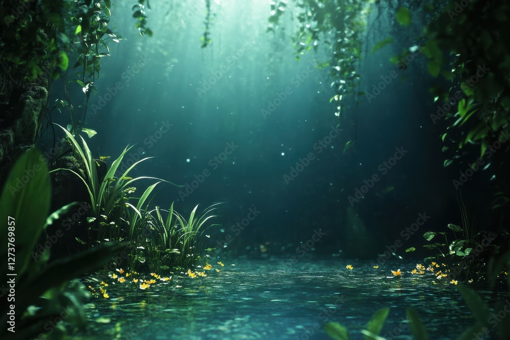 Fototapeta premium Enchanted forest stream, lush greens, mystical light.