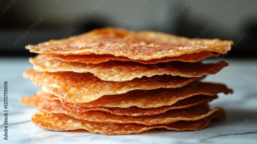 Stacked crispy thin crackers on marble countertop Stacked crispy thin crackers on marble countertop