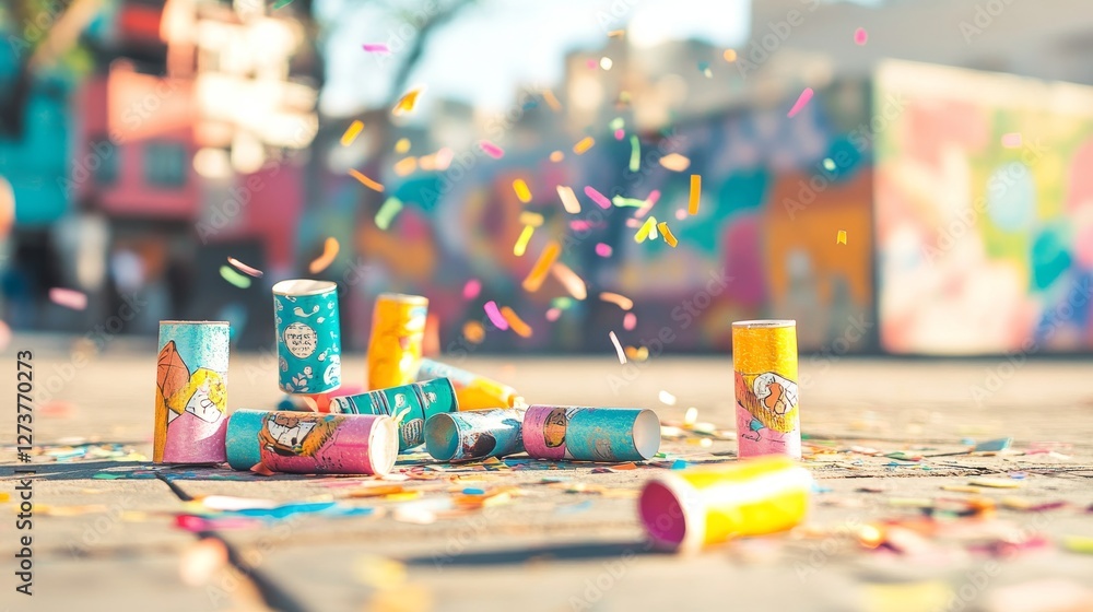Fototapeta premium Used fireworks firecrackers lie on asphalt, concept of Spent pyrotechnics