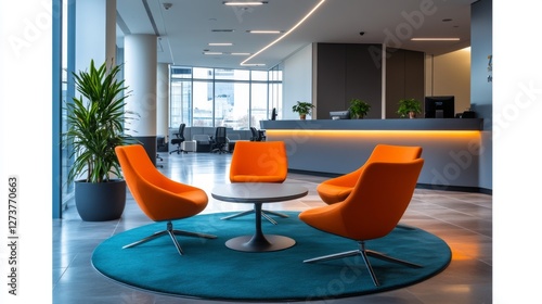 A modern office space featuring stylish orange chairs around a round table. Bright natural light adds a welcoming ambiance. Perfect for collaboration and creativity. Generative AI