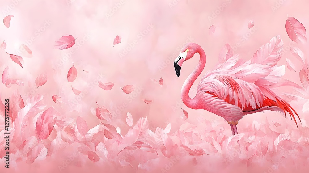 Radiant flamingo in soft pink watercolor washes with delicate feathers blending beautifully into a warm pastel background