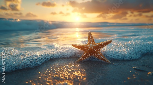 A starfish is depicted on a sandy beach at sunrise in this stock photo, with ocean waves washing over the shore