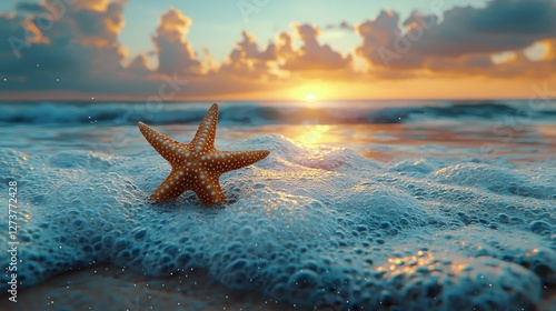 This stock photo features a starfish on a sandy beach during sunrise as ocean waves gently roll in
