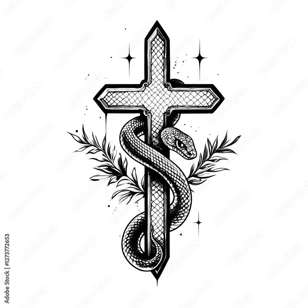 Obraz premium Cross with snake tattoo illustration black white vector
