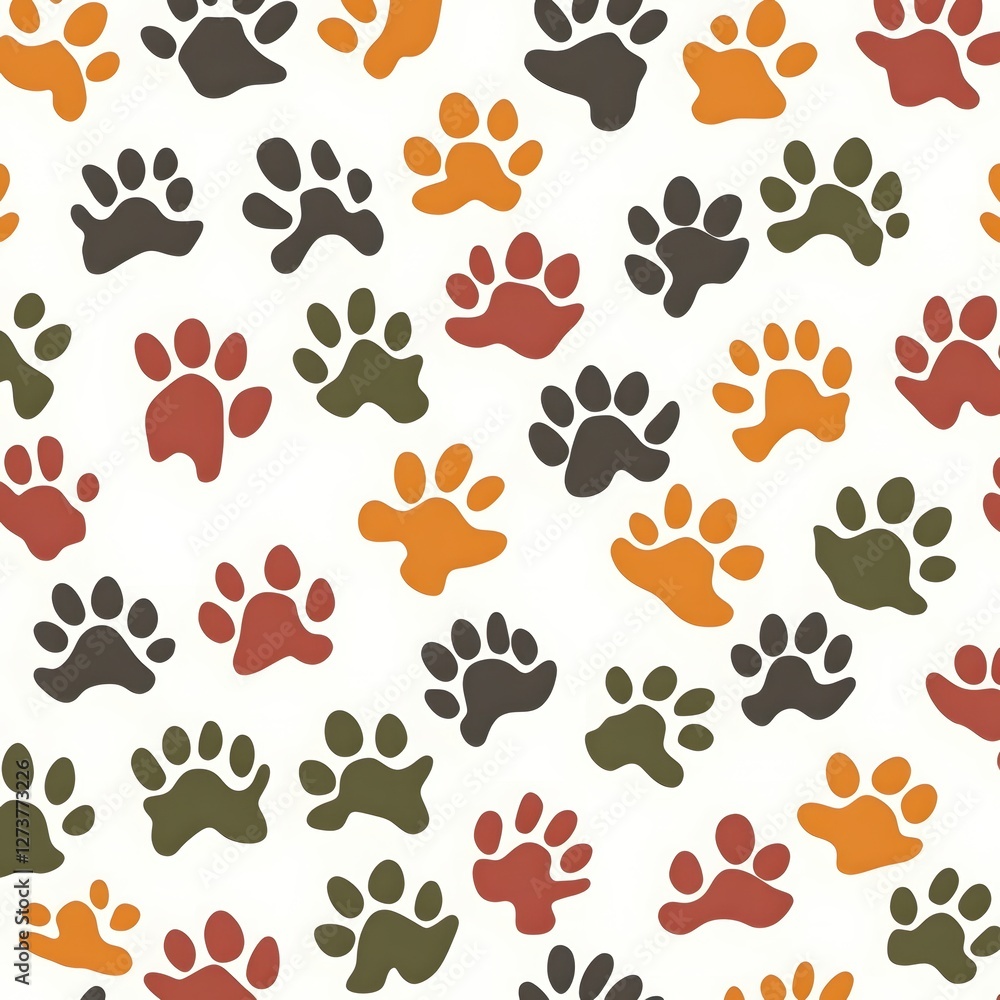 Fototapeta premium Colorful Paw Prints Pattern on White Background Playful Animal Theme Design for Textile Print