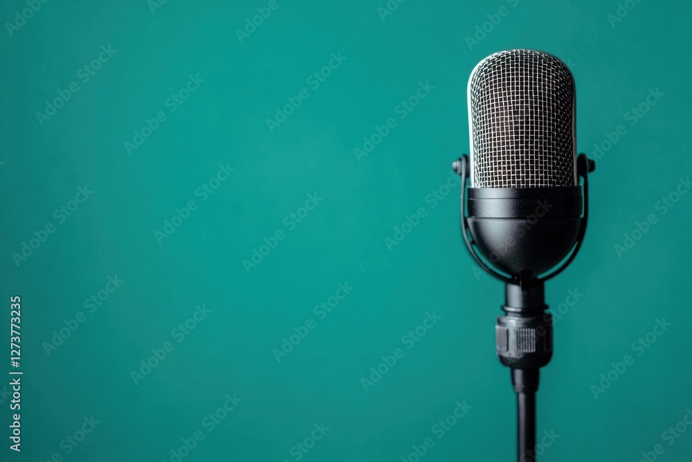 Fototapeta premium A vintage microphone stands against a backdrop of teal