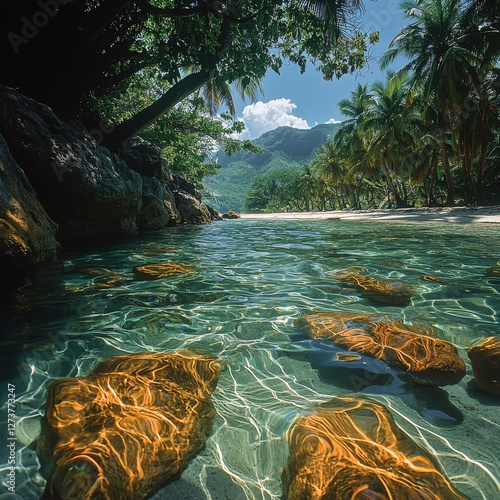 The description and keywords for your image are: a picturesque tropical beach with clear turquoise water, white sand, and granite boulders