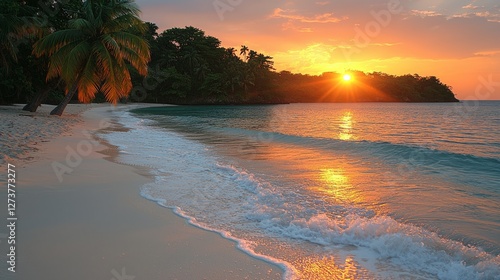 Your stock photo's caption and keywords are as follows: a serene beach scene at sunset featuring palm trees and gentle ocean waves