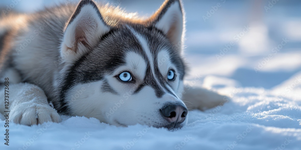 Siberian husky resting quietly on a snowy terrain during a bright winter day Siberian husky resting quietly on a snowy terrain during a bright winter day